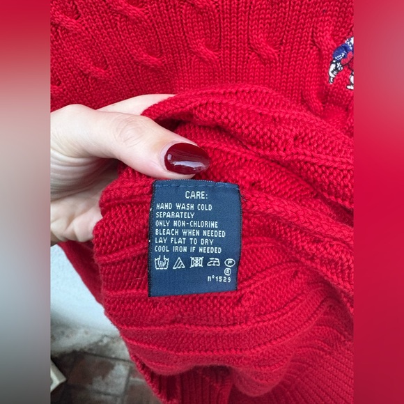 Vintage Ralph Lauren cable knit Teddy Bear Skiing Sweater Red 100% cotton large - Picture 6 of 8